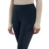 Navy blue lemieux lydia mesh leggings with subtle texture and levitans logo embroidered on the thigh