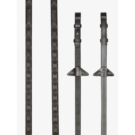 Black leather lemieux magna grip rubber reins brown with textured grip patterns and brass metal hardware for riding