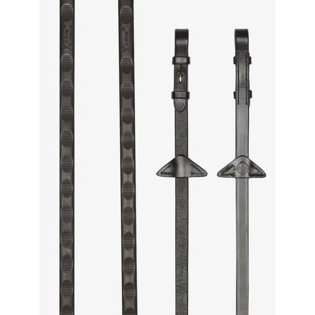Black leather lemieux magna grip rubber reins brown with textured grip patterns and brass metal hardware for riding