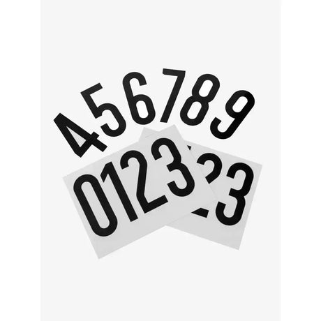 Black numeric decals on clear sheets in the innovative LeMieux magnetic number pack with bold sans-serif digits