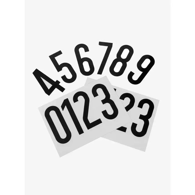 Black numeric decals on clear sheets in the innovative LeMieux magnetic number pack with bold sans-serif digits