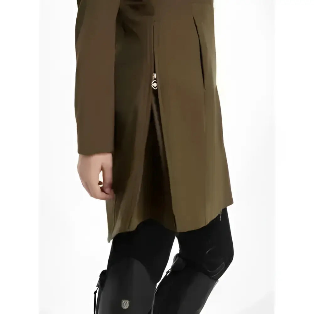 Olive green lemieux maisie lightweight riding jacket alpine with central zipper and pleated front panel