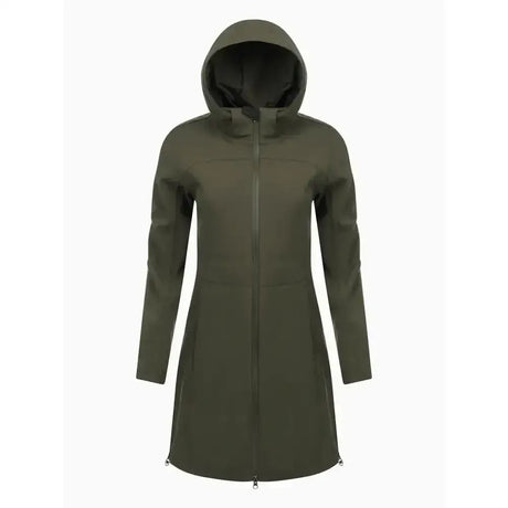 Olive green maisie lightweight riding jacket with fully waterproof fabric and sleek minimalist design with subtle zippers