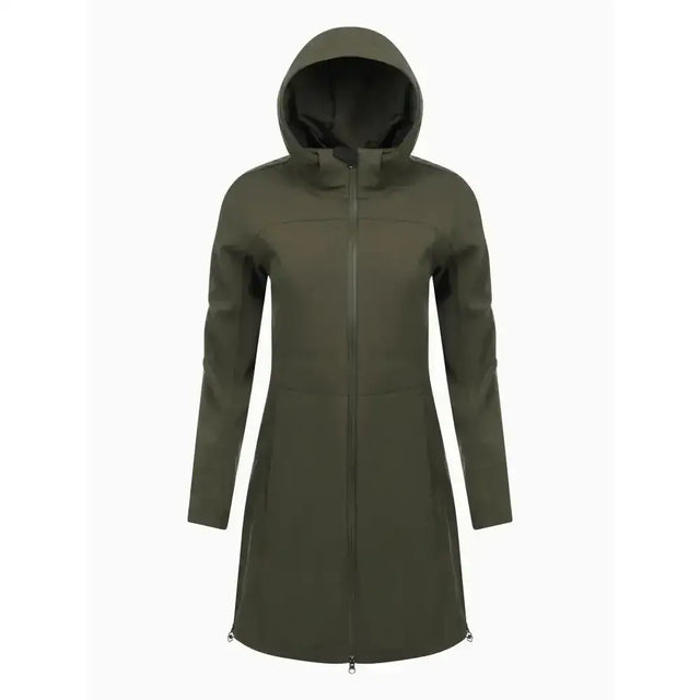 Olive green maisie lightweight riding jacket with fully waterproof fabric and sleek minimalist design with subtle zippers