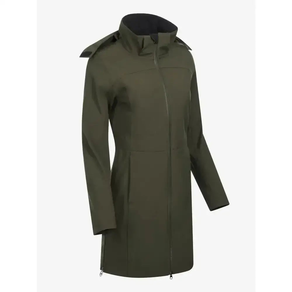 Olive green LeMieux Maisie lightweight riding jacket with fully waterproof fabric and black-lined hood with zipper details