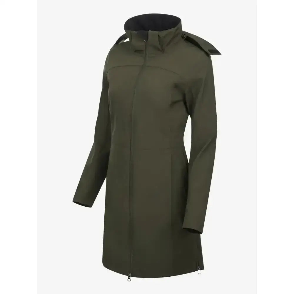 Olive green LeMieux Maisie lightweight riding jacket with fully waterproof fabric, black-lined hood, and adjustable straps