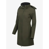 Olive green LeMieux Maisie lightweight riding jacket with fully waterproof fabric, black-lined hood, and adjustable straps