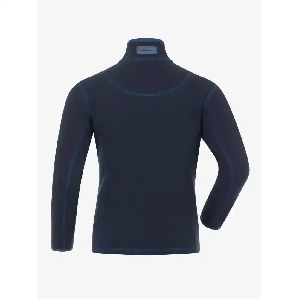 Dark navy blue lemieux mari mini micro fleece navy long-sleeved turtleneck top with ribbed texture and branded label
