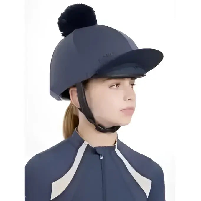 Dark blue Lemieux Maria mesh hat with black pom-pom on top made from silk dusk blue material