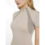 Beige and gray lemieux maria mesh short sleeve baselayer with high collar and zipper detail for athletic wear