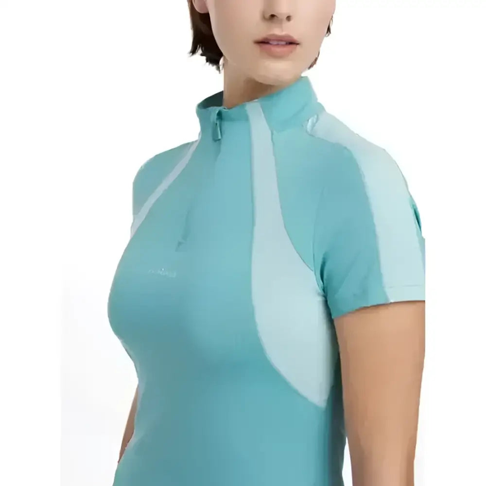 Teal and light blue lemieux maria mesh short sleeve baselayer lagoon with high collar and white side paneling