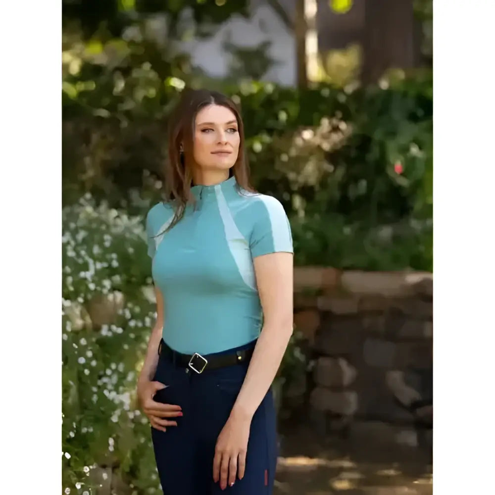 Teal lemieux maria mesh short sleeve baselayer lagoon with high collar and white shoulder paneling