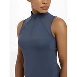 A sleek sleeveless baselayer dusk blue top with high neck and subtle seams lemieux maria mesh sleeveless design