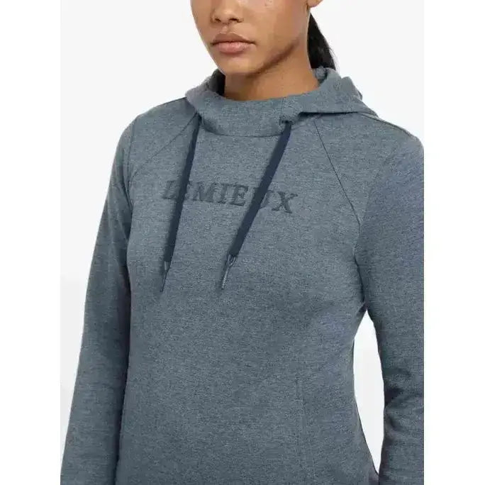 A heather gray lemieux martha hoodie with long sleeves, cowl neck, and black drawstrings in dusk blue