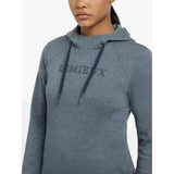 A heather gray lemieux martha hoodie with long sleeves, cowl neck, and black drawstrings in dusk blue
