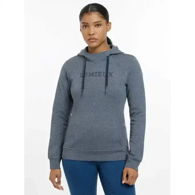 A heather gray lemieux martha hoodie dusk blue with long sleeves front chest logo and drawstring hood