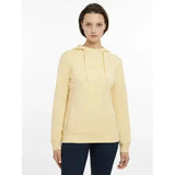 A soft pale yellow lemieux martha hoodie with a hood and subtle embroidered logo across the chest in mimosa color