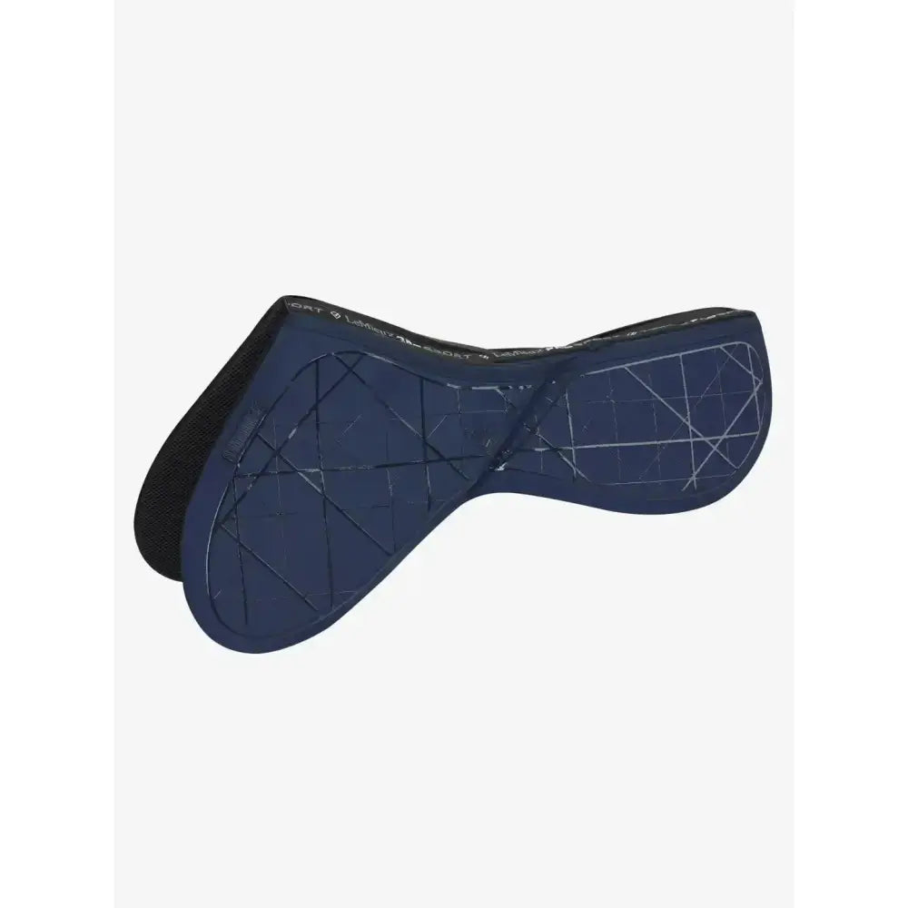 Navy blue lemieux matrix support euro jump half pad with geometric pattern and black edges for riding comfort
