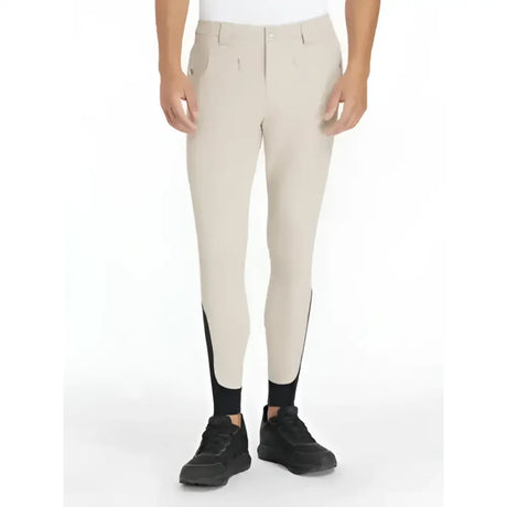 Beige lemieux mens classique breeches with black side panels and sleek form-fitting design perfect for riding
