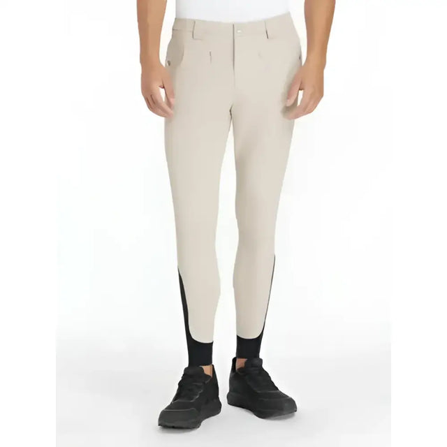 Beige lemieux mens classique breeches with black side panels and sleek form-fitting design perfect for riding
