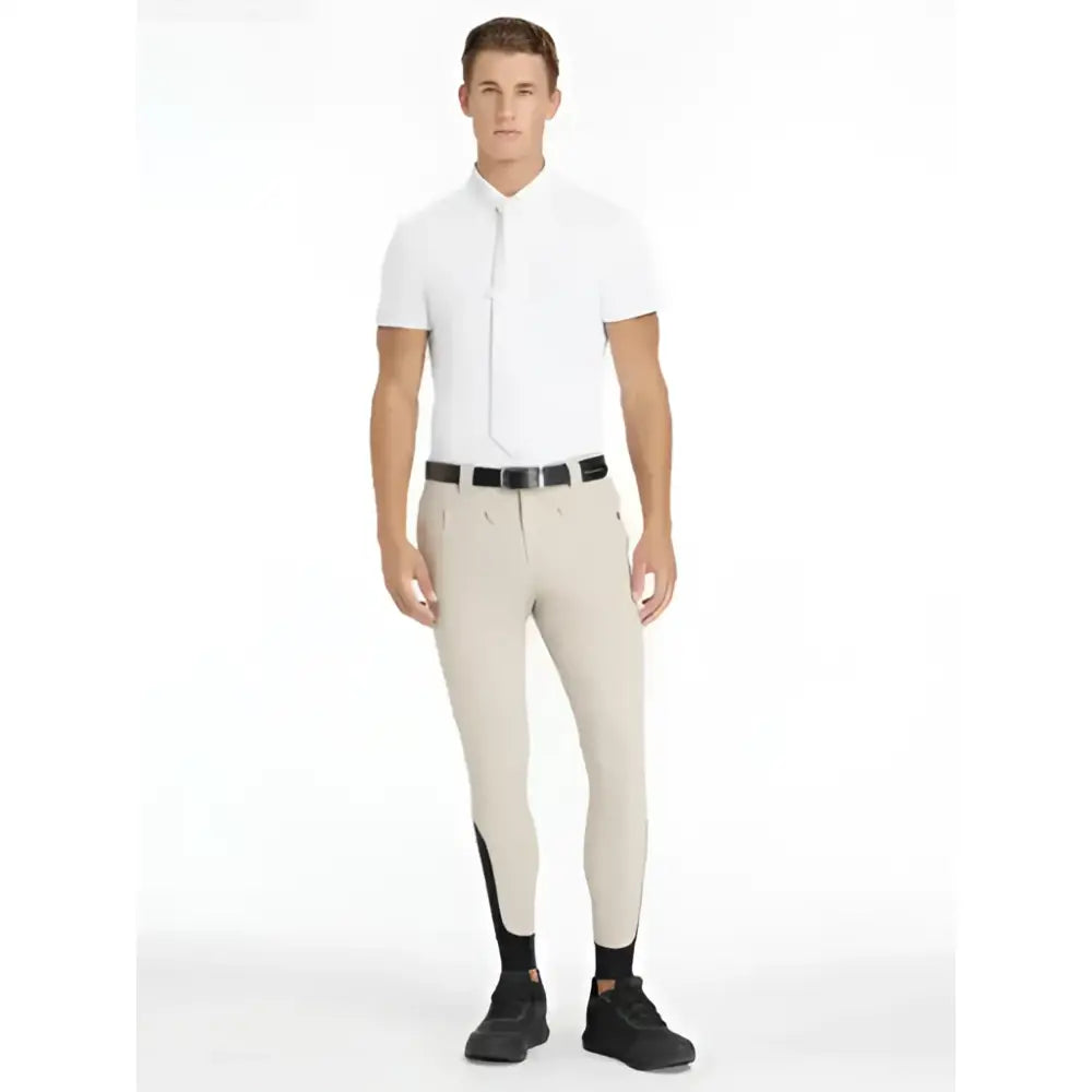 Beige lemieux mens classique breeches with black side panels and a sleek, form-fitting design perfect for riding