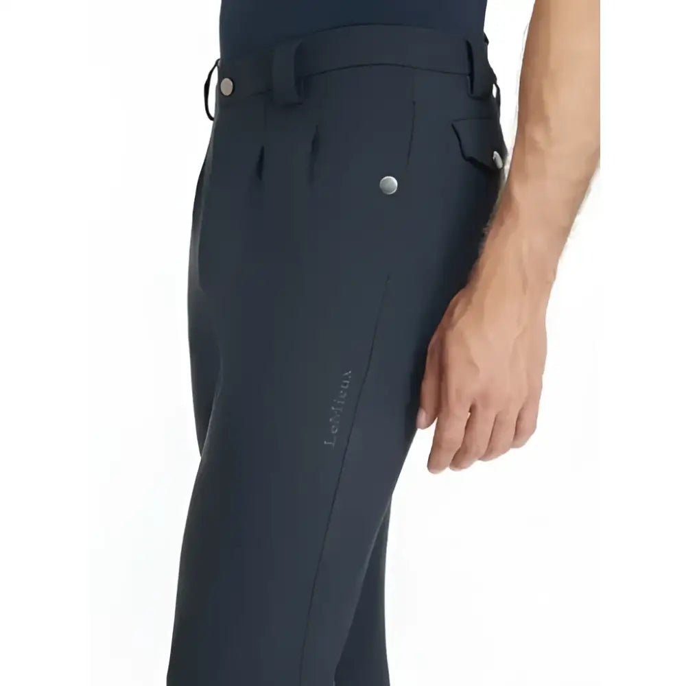Black tailored lemieux mens classic riding pants with silver buttons and levera logo on the side seam