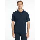 Navy blue short sleeved polo shirt with classic collar and button placket by lemieux mens classique polo shirt navy