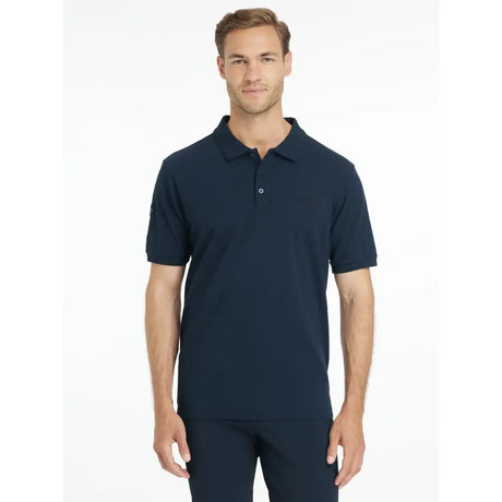 Navy blue short sleeved polo shirt with classic collar and button placket by lemieux mens classique polo shirt navy