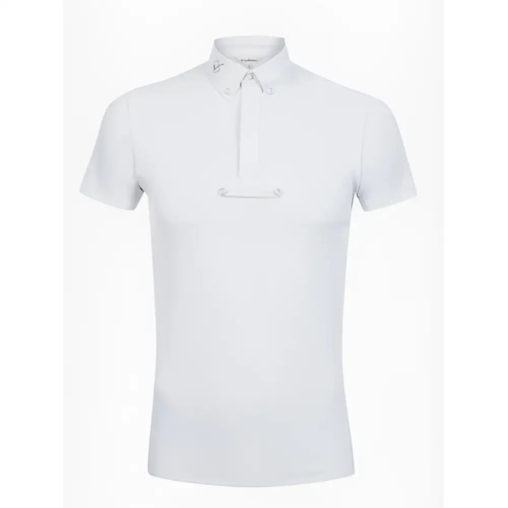 White short-sleeved lemieux mens competition polo shirt with collar and front zipper offers high performance