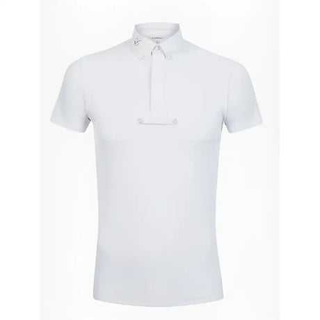 White short-sleeved lemieux mens competition polo shirt with collar and front zipper offers high performance