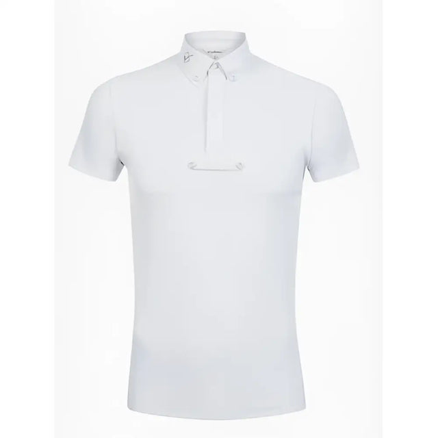 White short-sleeved lemieux mens competition polo shirt with collar and front zipper offers high performance