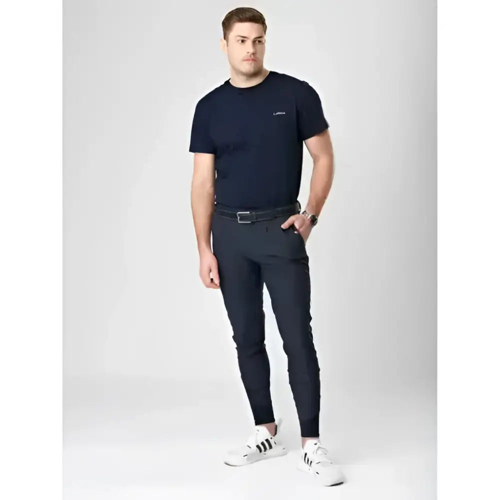 Navy blue short-sleeved t-shirt with small embroidered logo on left chest lemieux mens elite classic pleated breech style