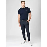 Navy blue short-sleeved t-shirt with small embroidered logo on left chest lemieux mens elite classic pleated breech style