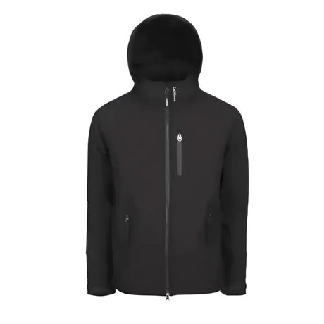 Black lemieux mens elite soft shell jacket with full zip hood and subtle chest logo perfect for outdoor use