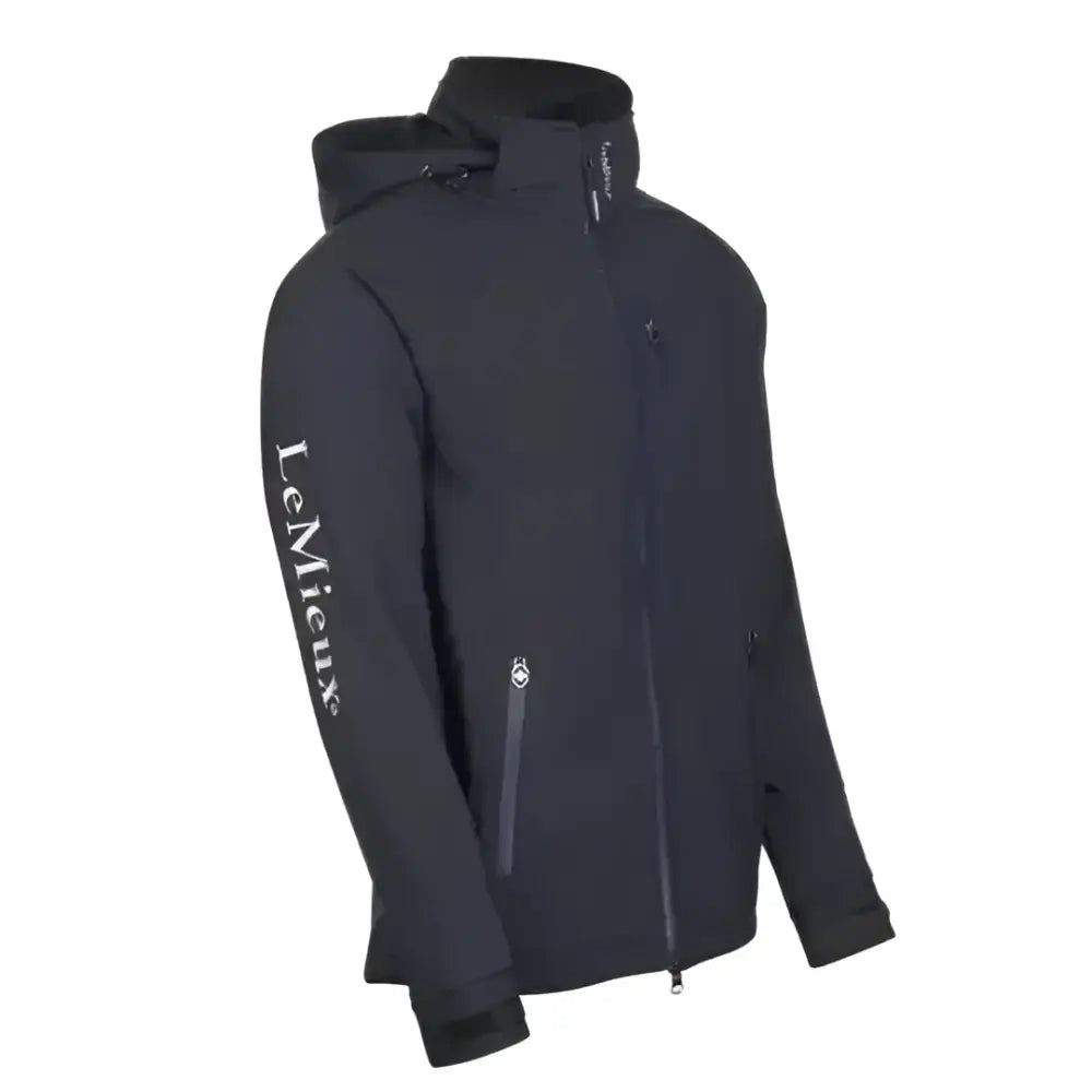 Black lemieux mens elite soft shell jacket navy with hood zipper details and white logo on the left sleeve
