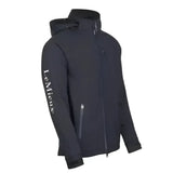 Black lemieux mens elite soft shell jacket navy with hood zipper details and white logo on the left sleeve