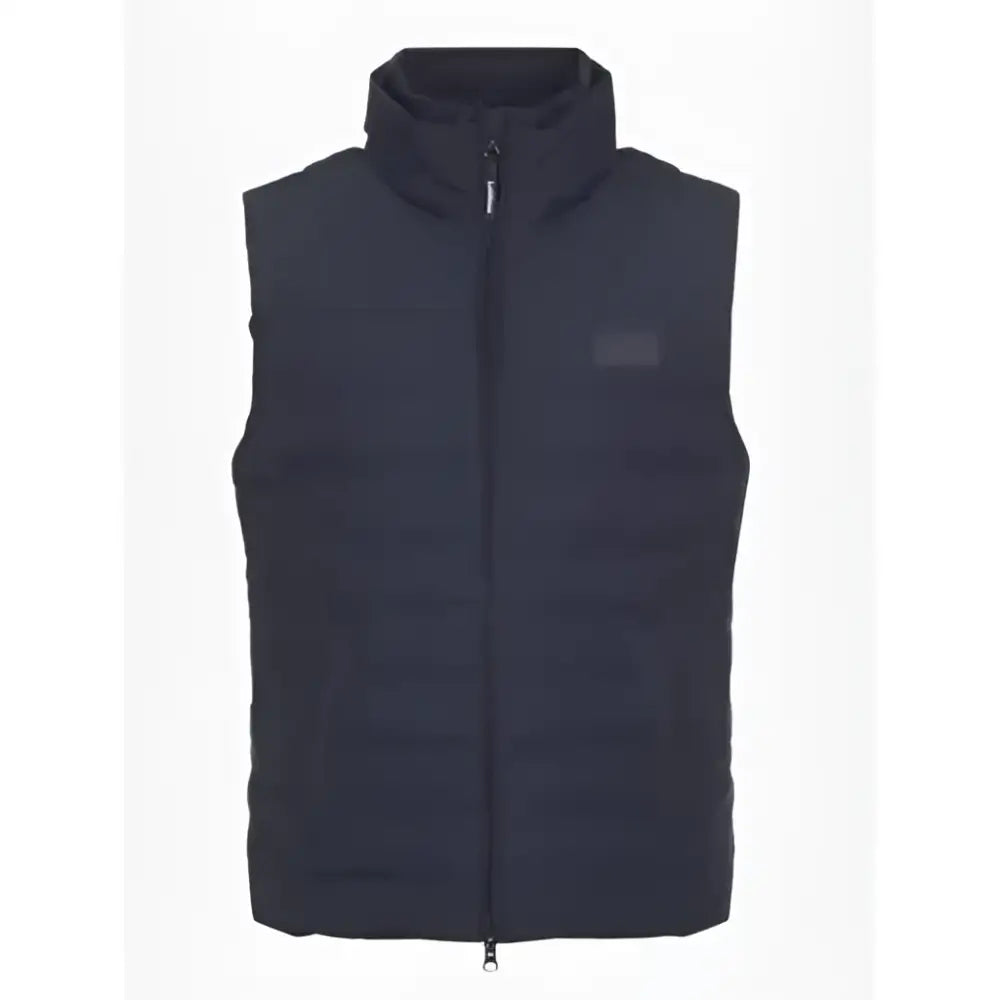 Black quilted puffer vest with high collar and front zipper lemieux elite gilet made with dupont synthetic fibres for year round use