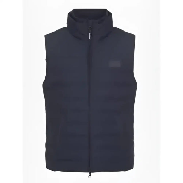Black quilted puffer vest with high collar and front zipper lemieux elite gilet made with dupont synthetic fibres for year round use