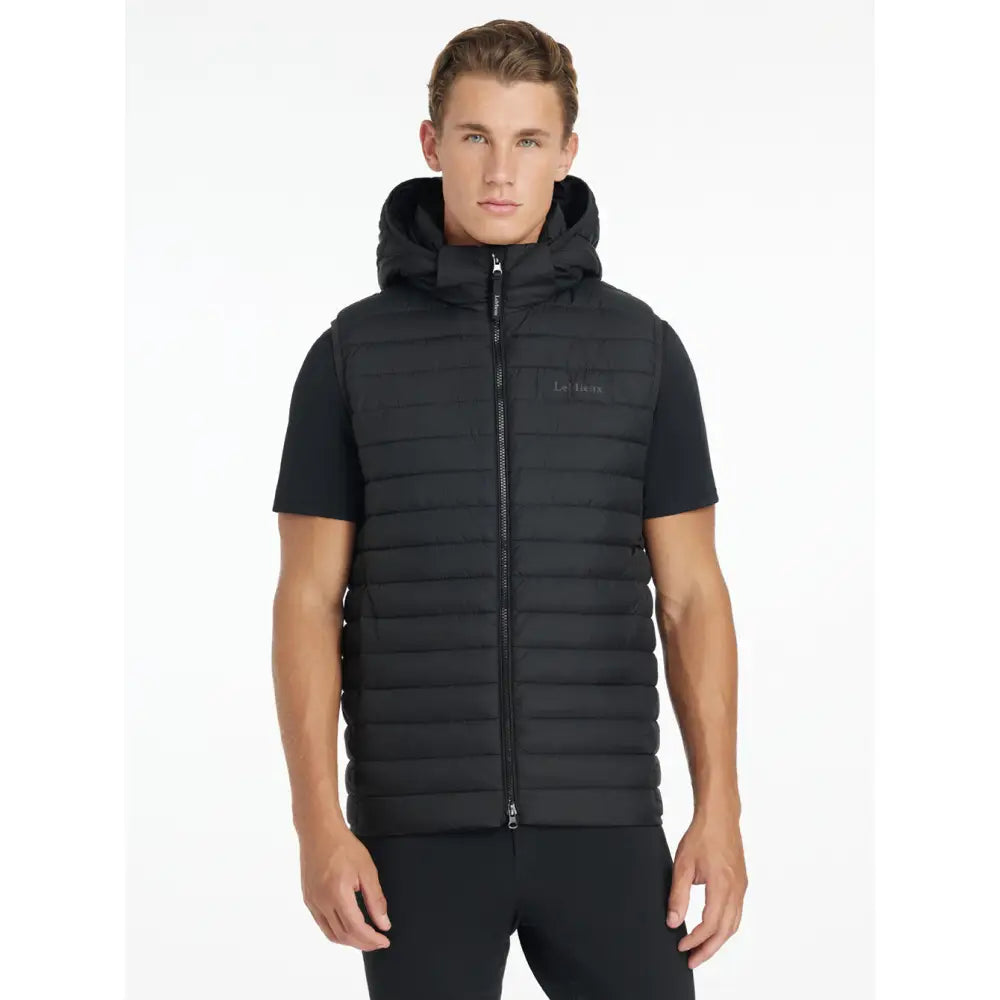 Lemieux mens hooded black puffer gilet with full zipper and subtle logo made from ripstop fabric for lightweight warmth