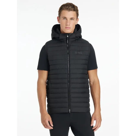 Black lemieux mens hooded puffer gilet with quilted ripstop fabric full zipper and subtle chest logo