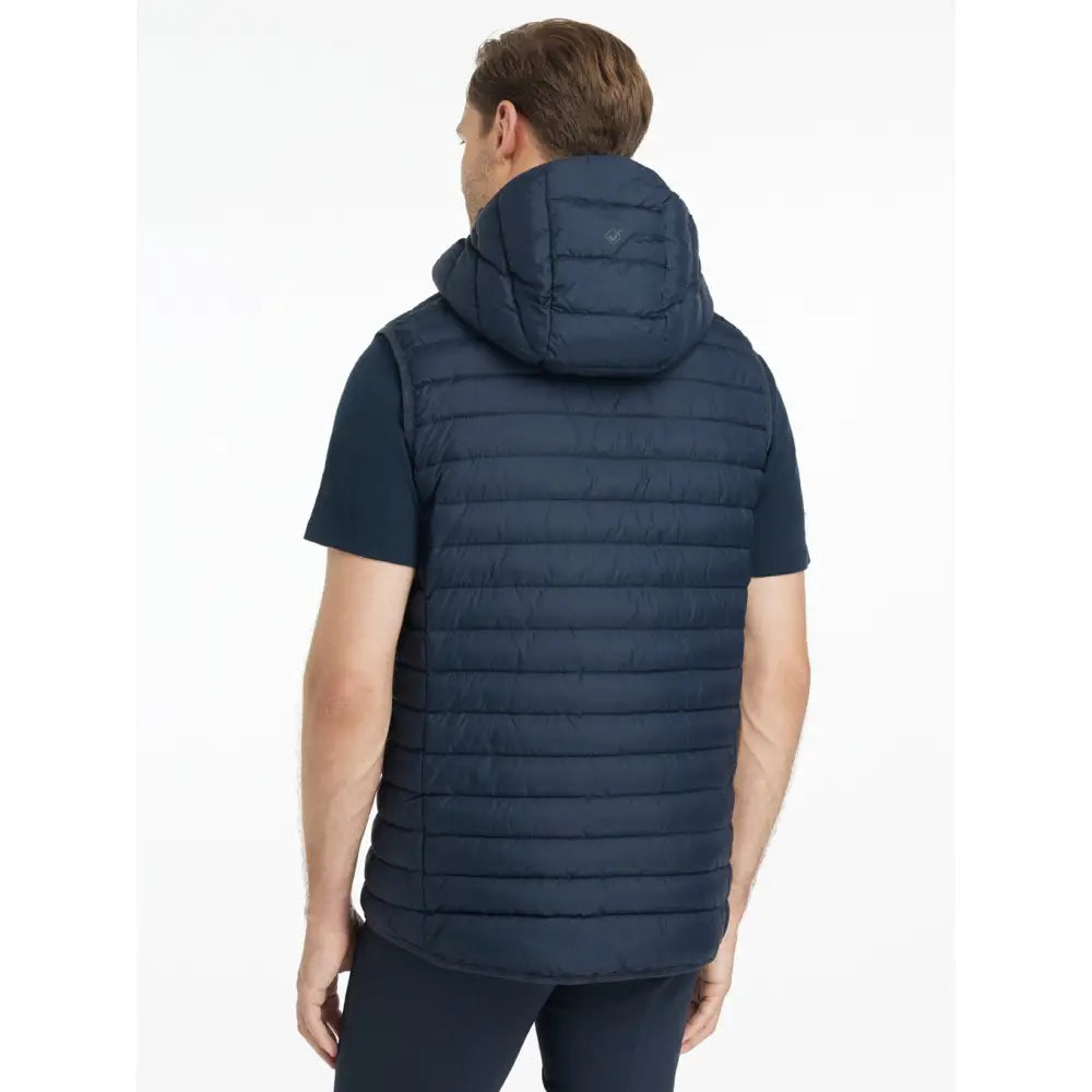 Lemieux mens hooded navy puffer gilet featuring quilted design perfect for lightweight warmth and casual style