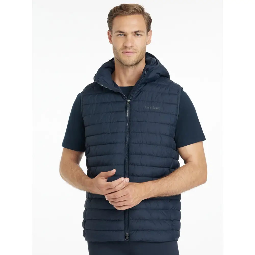Navy lemieux mens hooded puffer gilet with quilted design front zipper and subtle chest logo for casual wear