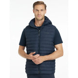 Navy lemieux mens hooded puffer gilet with quilted design front zipper and subtle chest logo for casual wear