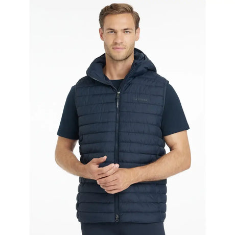 Navy blue quilted lemieux mens hooded puffer gilet with front zipper and subtle chest logo perfect for layering