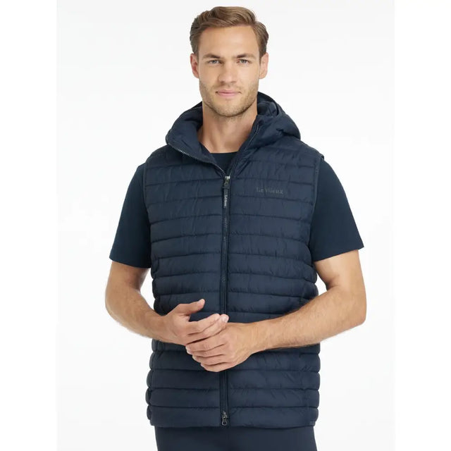Navy lemieux mens hooded puffer gilet with quilted design front zipper and subtle chest logo for casual wear