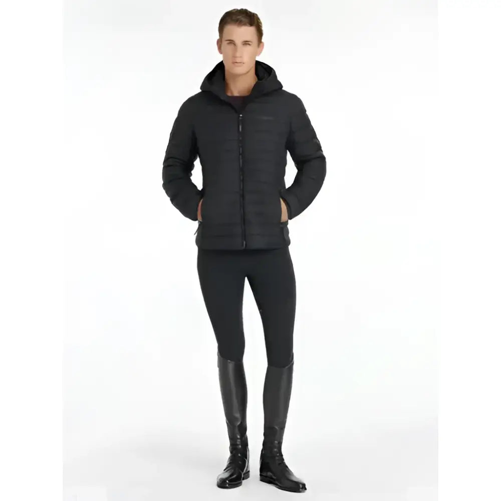 Lemieux mens hooded black quilted puffer jacket with full zipper and two front pockets for cold weather use