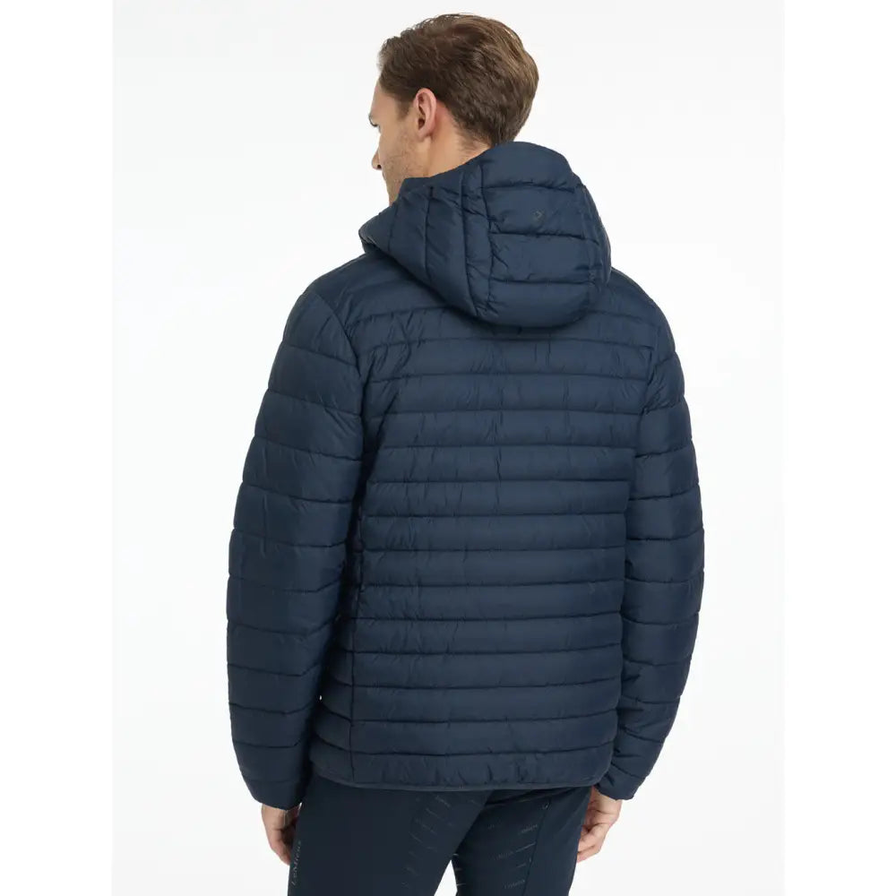 Lemieux mens hooded navy quilted puffer jacket perfect for cold weather with cozy insulation and stylish look