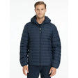 Navy blue quilted lemieux mens hooded puffer jacket with subtle chest logo perfect for cold weather layering