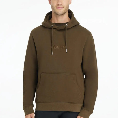Olive green lemieux mens hoodie alpine with subtle embroidered logo and matching drawstrings for equestrian fans and horses