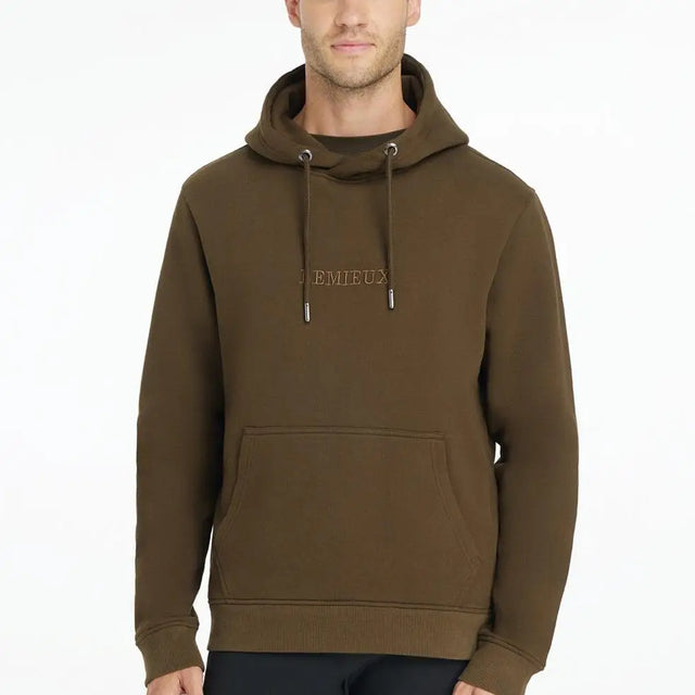 Olive green lemieux mens hoodie alpine with subtle embroidered logo and matching drawstrings for equestrian fans and horses